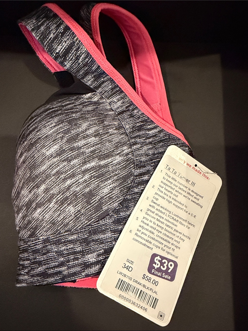 NWT lululemon Tata Tamer athletica Pink Lined Heathered Gray Sports Bra